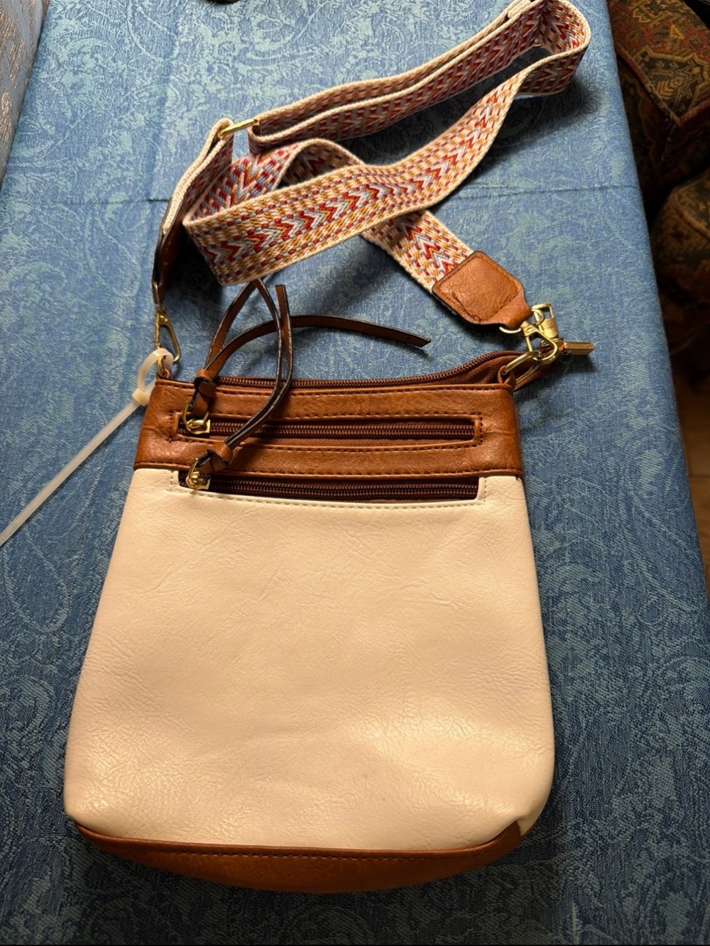 Two-Tone Cream and Brown Crossbody Bag with Patterned Strap